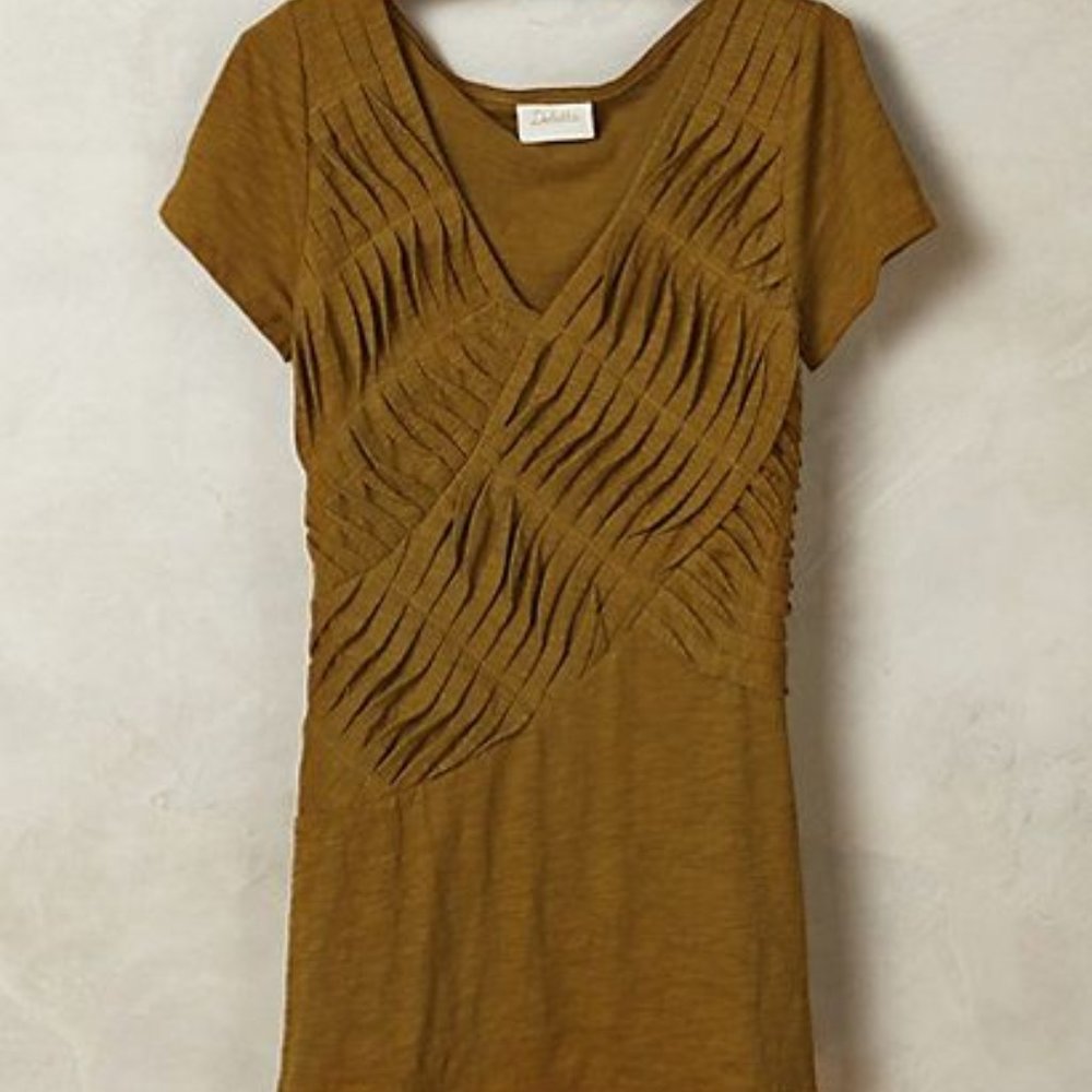 Anthropologie Pleatwave V-Neck Knit Top Tee by Deletta Dark Yellow Brown